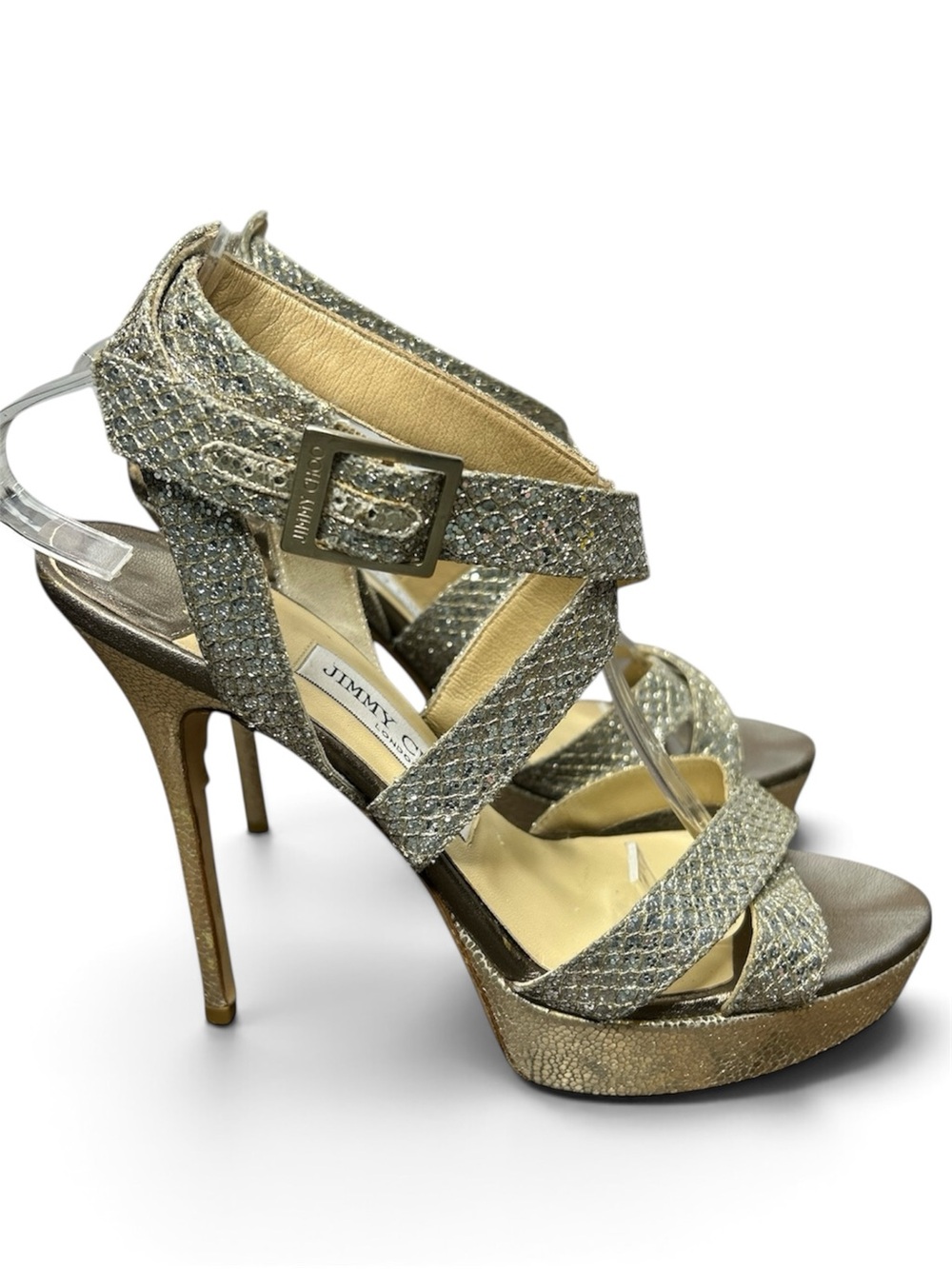 Jimmy Choo Heels Vamp Gold Glitter Platform Strappy Sandals 38.5 Kate Middleton